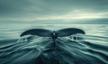 Whale's tail fluke emerging from the water against a backdrop of swirling ocean currents AI