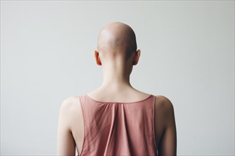 Back view of bald woman with medical condition causing hair loss like Alopecia Areata or