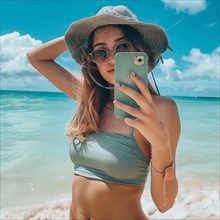 Woman in sun hat and bikini takes a selfie on the beach, AI generated