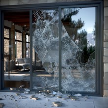 A large patio door is splintered and surrounded by numerous pieces of broken glass, burglary,