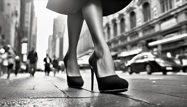 High heels stepping on an urban street captured in a dramatic black and white street photography