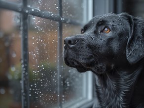 Bad weather, dog and cat looking sadly outside through a rainy window pane, AI generated