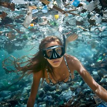 Woman swimming underwater with view of polluted sea with plastic, AI generated