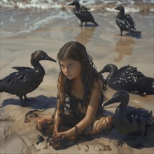 A worried girl surrounded by oil-smeared Pelicans on the beach shows empathy, AI generated
