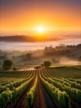 AI generated sunrise over a lush vineyard during summer with harvest dew kissed grapes glistening