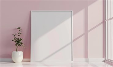 A blank image frame mockup on a soft blush pink wall in a minimalistic modern interior room AI