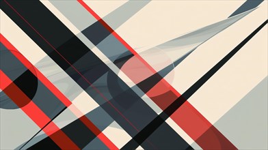 Abstract geometric composition with overlapping lines in red, black, and beige, AI generated