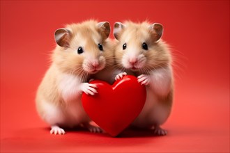 Pair of cute hamsters with heart in red background. KI generiert, generiert, AI generated