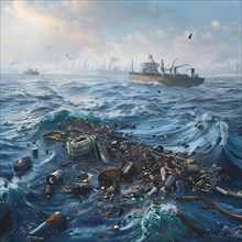 A cargo ship at sea with lots of plastic waste in the foreground, oil spill, environmental