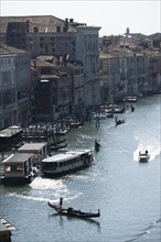 View from above of the Grand Canal with gondoliers, Venice, Veneto, Italy, Europe