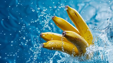 A bunch of yellow fresh bananas immersed in water and produce splash, AI generated