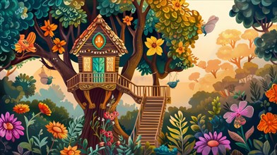 Whimsical treehouse surrounded by nature with colorful flowers, birdhouses, and butterflies, AI
