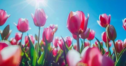 A field of pink flowers with a bright blue sky in the background, AI generated