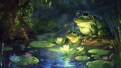 Two frogs on a log with water lilies in a serene nighttime setting with glowing light, AI generated