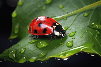 Ladybug on a green leave with water droplets, AI generated