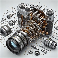 Highly detailed concept illustration showing a vintage camera disassembled with all parts floating