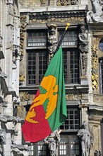 Flag of Brussels at the town hall, Grand Place, UNESCO World Heritage Site, Brussels, Belgium,