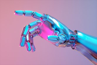 Metallic artificial intelligence robot hand pointing finger on pink background. KI generiert,