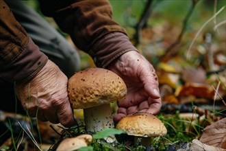 Hand picking up large brown Boletus mushroom in forest. KI generiert, generiert, AI generated