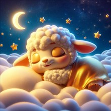 A cute animated sheep sleeps peacefully on fluffy clouds under a starry night sky with a crescent