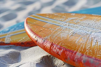 Two surfboards lying on beach. KI generiert, generiert, AI generated