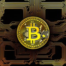 Symbol image for Bitcoin, cryptocurrency, close-up, golden coin with computer chip, AI generated,