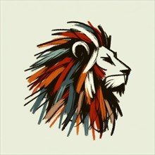 Artistic, abstract brushstroke lion profile in red, blue, and white, AI generated