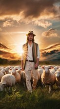 A man in a hat standing among sheep in a field, with a dramatic sunset sky behind him, AI generated