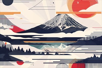 A tranquil panorama with the imposing Mount Fuji on the horizon, framed by geometric motifs and