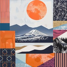 Patchwork-like composition with geometric shapes of Mount Fuji at sunrise, Japan, AI generated, AI