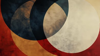 Warm colored circles overlap on a bold, textured abstract background, AI generated