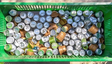 Symbol photo, rubbish, waste, many empty beverage cans in a rubbish container, AI generated, AI