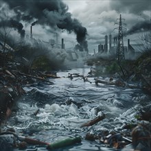 River abandoned by humans with debris and smoke in the background, pollution, environmental