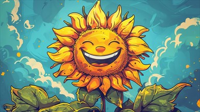 Illustration of a joyful sunflower caricature with a wide smile on a blue background, AI generated