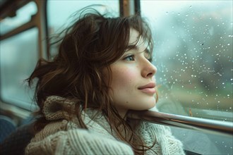 Thoughtful woman looking through a rain-streaked window with soft lighting, AI generated