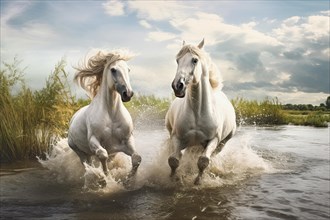 Two white horses running in the water, AI generated