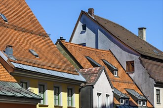 Pointed gables and dormers in Pfarrgasse, Kaufbeuern, Allgaeu, Swabia, Bavaria, Germany, Europe