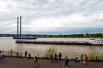 Rheinpromenade, view of the Rheinkniebruecke, Duesseldorf, North Rhine-Westphalia, Germany, Europe