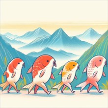 Creative illustration of four fish with legs walking in a line towards towering mountains,