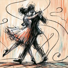 Sketch of an abstract dancing couple enveloped in movement and passion, AI generated