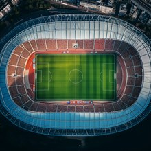 Aerial bird eye top down view of a soccer football field stadium, AI generated