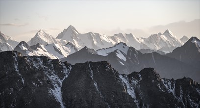 High mountain peaks with glaciers at sunset, Ala Kul Pass, Tien Shan Mountains, Kyrgyzstan, Asia