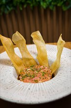 PERUVIAN FOOD. Spiced Salmon Ceviche with Chives and Lime on a white plate served with Fried Sweet