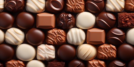 Close up of different shaped chocolate pralines. KI generiert, generiert, AI generated