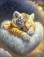 Charming photo of a white tiger cub lounging on a cloud with shimmering gold details, creating a