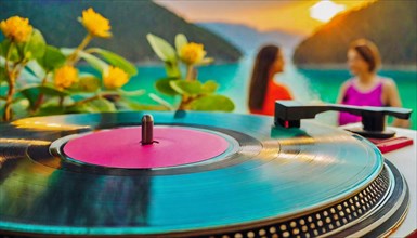 A vinyl record plays on a turntable with women enjoying a vibrant sunset in the background, AI
