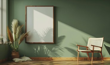 A blank image frame mockup on a sage green wall AI generated