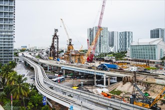 View on Miamis new I-395 signature bridge construction site, Miami, Florida, USA, North America