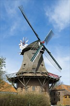 Historic windmill, slaughter mill, two-storey gallery windmill with wind rose, Jever, East Frisia,