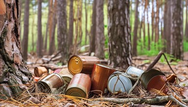 Symbolic photo, a forest of thick tree trunks, many rusty tin cans on the ground, waste,